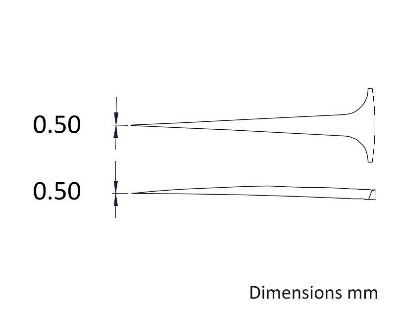 Zwei geometrische Formen mit der gleichen Breite von 0,50 mm, dargestellt im Profil. Beschriftung: 'Dimensions mm'.
