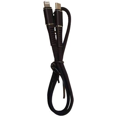 Ein schwarzes geflochtenes Ladekabel mit einem Lightning- und einem USB-C-Stecker, zusammengebunden.