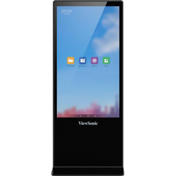 Ein vertikaler digitaler Bildschirm von ViewSonic zeigt eine Benutzeroberfläche mit vier App-Symbolen und einer blauen Himmel-Hintergrund.