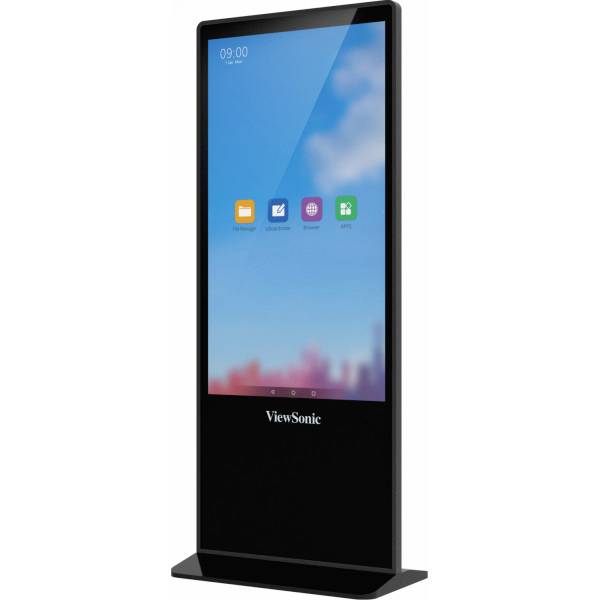 Digitaler Informationsbildschirm mit blauer Benutzeroberfläche und farbigen Symbolen, zeigt die Uhrzeit 09:00 an.