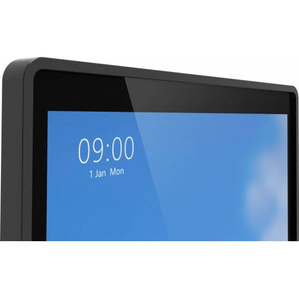 Teil eines Bildschirms mit digitaler Uhranzeige '09:00, 1 Jan Mon' vor einem blauen Hintergrund. Gerät in dunklem Gehäuse.