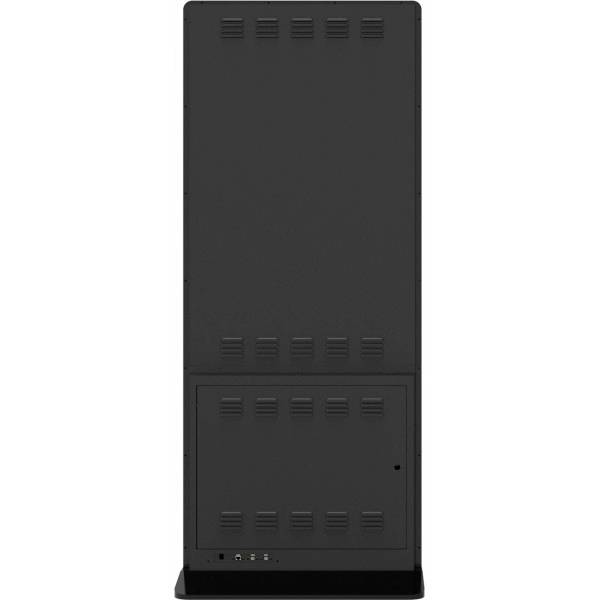 Ein schwarzer, rechteckiger Computer-Server mit Lüftungsschlitzen und Anschlüssen an der Unterseite, frontal fotografiert.