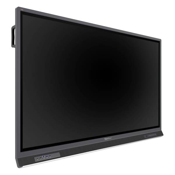 Ein großer, schwarzer Flachbildschirm mit Lautsprechern unten, geeignet für Präsentationen oder interaktive Anwendungen.