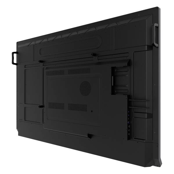 Rückansicht eines großen schwarzen Bildschirms mit Tragegriffen an der Seite. Geeignet für Präsentationen oder digitale Anzeigen.