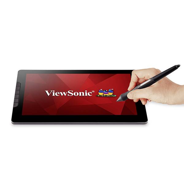 Ein Grafik-Tablet mit einem roten Bildschirm zeigt das Logo 'ViewSonic'. Eine Hand hält einen Stift über dem Bildschirm.