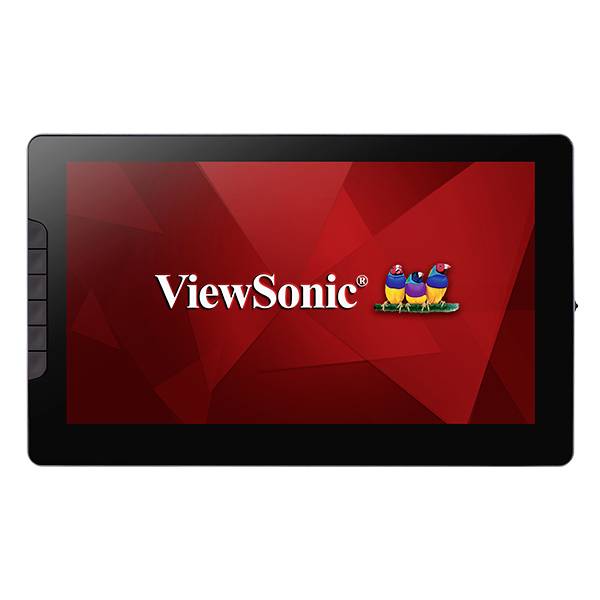 Ein Tablet mit einem roten Bildschirm zeigt das ViewSonic-Logo mit zwei bunten Vögeln.