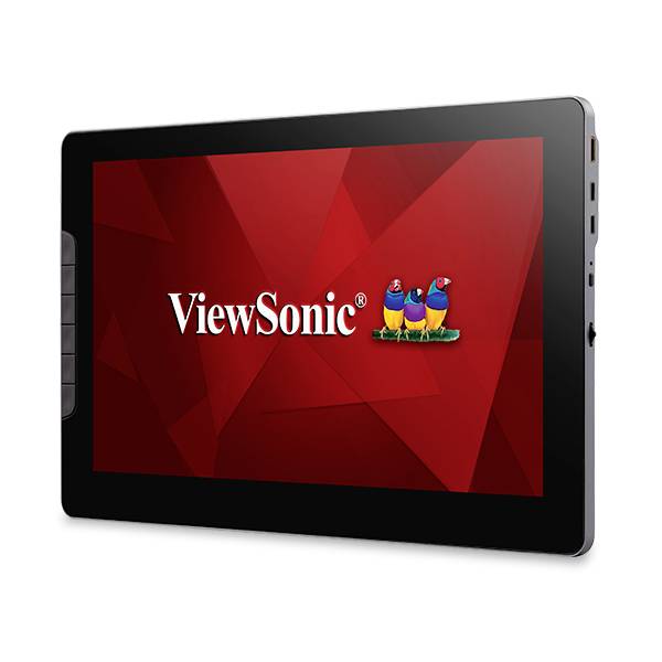 Ein schwarzer Tablet-PC zeigt ein rotes Display mit dem Text 'ViewSonic' und drei kleinen Vogel-Illustrationen rechts daneben.