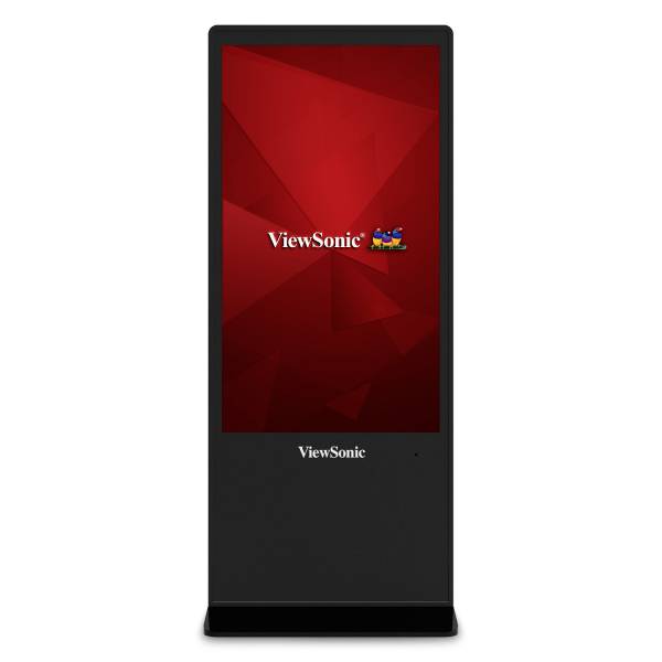 Ein schwarzer, stehender Monitor mit rotem Bildschirm und dem Text 'ViewSonic' in der Mitte des Displays.