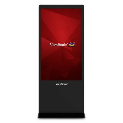 Ein schwarzer, stehender Monitor mit rotem Bildschirm und dem Text 'ViewSonic' in der Mitte des Displays.