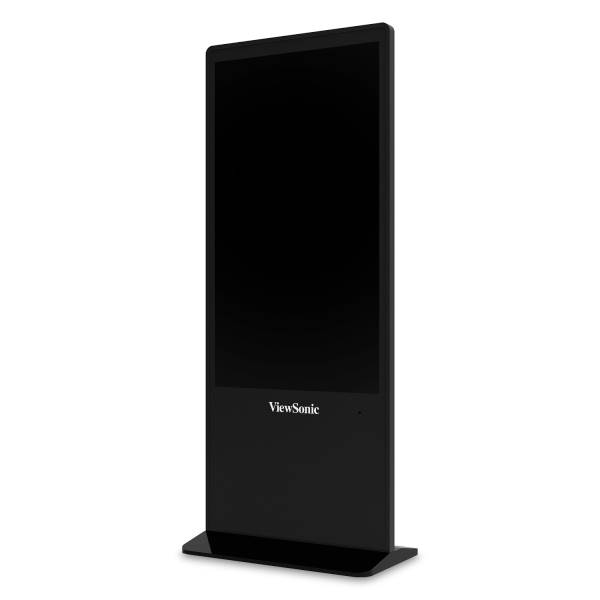 Ein schwarzer, stehender digitaler Bildschirm von ViewSonic. Der Bildschirm ist ausgeschaltet und zeigt keine Inhalte.