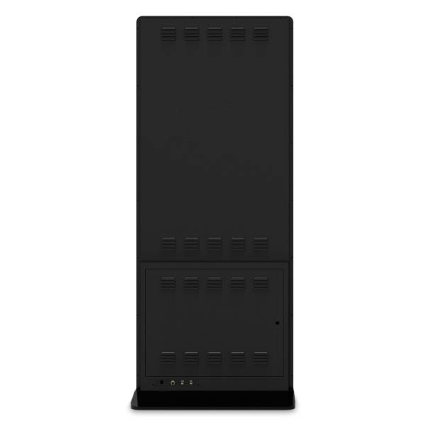 Schwarzer, rechteckiger Server-Tower mit Lüftungsöffnungen, aufrecht stehend, vor weißem Hintergrund. Enthält keine sichtbaren Marken.