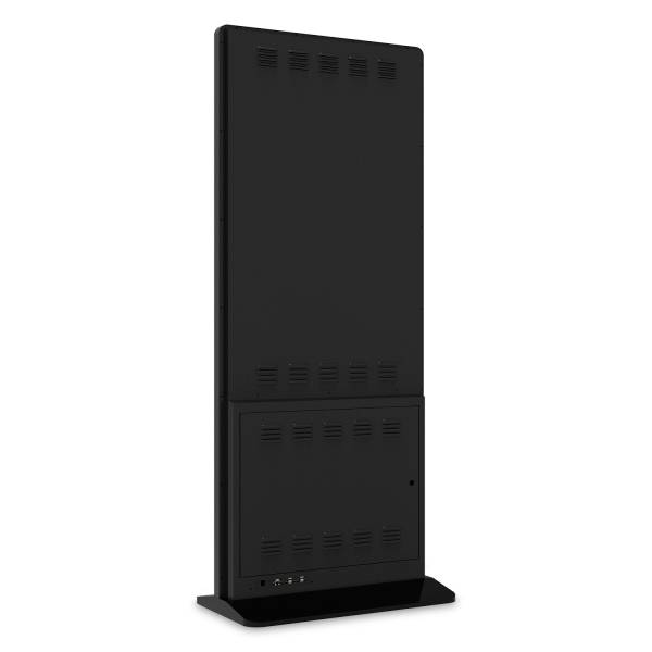Ein schwarzes, rechteckiges elektronisches Gerät auf einem Standfuß, möglicherweise ein Monitor oder Display, mit Lüftungsschlitzen.