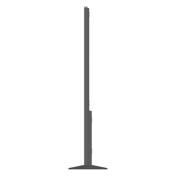 Ein Seitenansichtbild eines flachen, modernen Fernsehers. Der Fernseher hat einen minimalistischen Standfuß und ein schlankes Design.