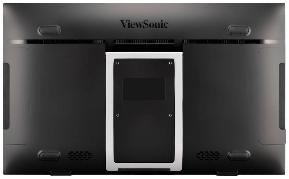 Rückansicht eines schwarzen ViewSonic-Monitors mit Wandhalterungsvorrichtung, ohne sichtbare Kabel oder Anschlüsse.