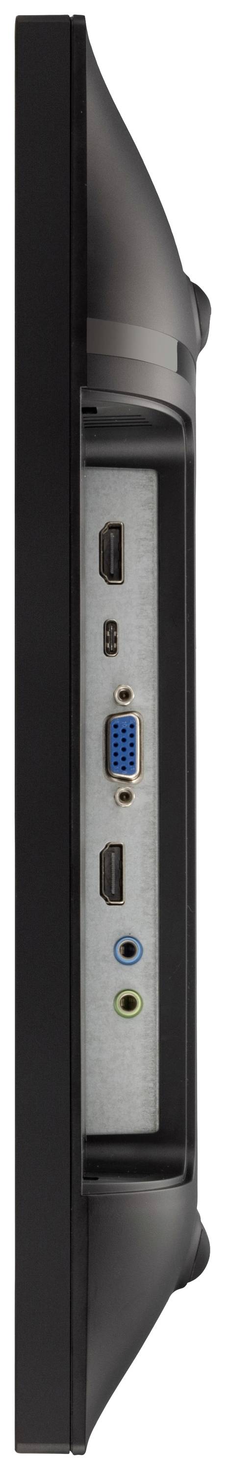 Seitenansicht eines Monitors mit mehreren Anschlüssen, darunter HDMI, VGA und Audioanschlüsse, um Konnektivität zu zeigen.