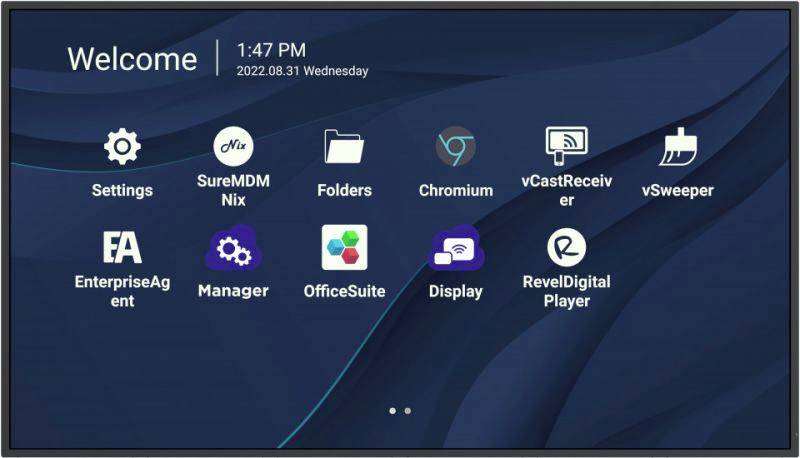 Ein Bildschirm zeigt eine Benutzeroberfläche mit Symbolen: 'Settings', 'SureMDM Nix', 'Chromium', und weitere Apps. Oben steht 'Welcome' mit Uhrzeit und Datum.