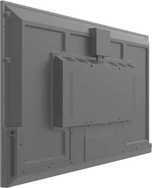 Ansicht der Rückseite eines Monitors mit mehreren Anschlussmöglichkeiten und Lüftungsschlitzen.