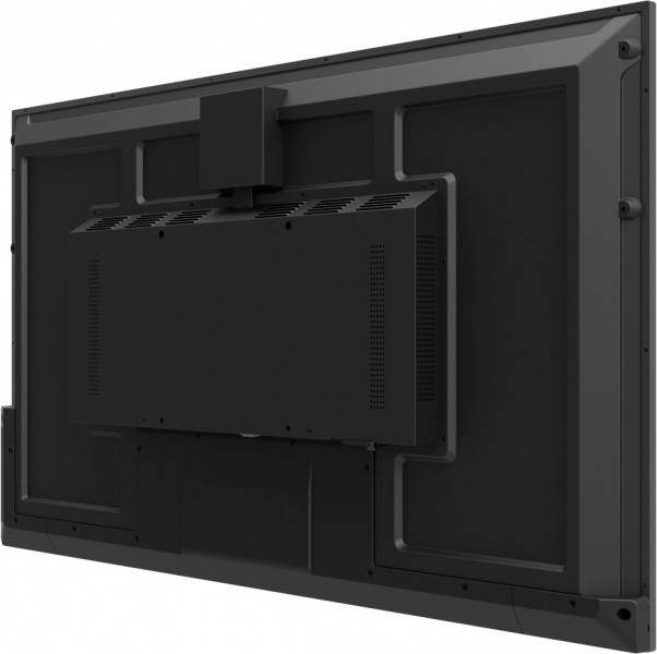 Rückansicht eines großen schwarzen Monitors, das Gehäuse zeigt Lüftungsschlitze und Anschlüsse, vermutlich für professionelle Displays.