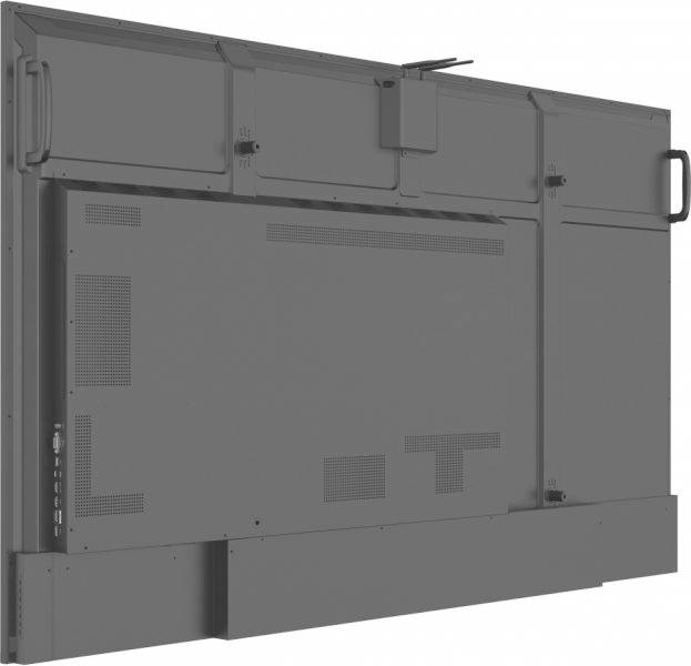 Rückseite eines großen, grauen Displays mit mehreren Ventilatoren und Anschlüssen an der Seite. Handgriffe an beiden Ecken.