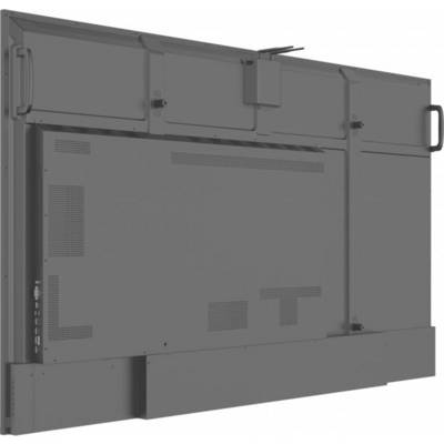 Rückseite eines großen, grauen Displays mit mehreren Ventilatoren und Anschlüssen an der Seite. Handgriffe an beiden Ecken.