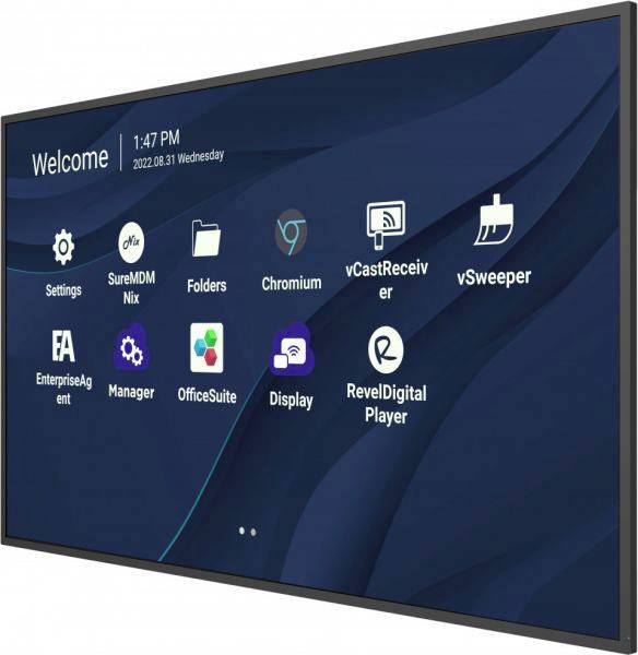 Bild eines digitalen Bildschirmmenüs mit Symbolen für Einstellungen, Ordner, Browser und verschiedene Apps. Oben links: 'Welcome', rechts daneben Uhrzeit und Datum.