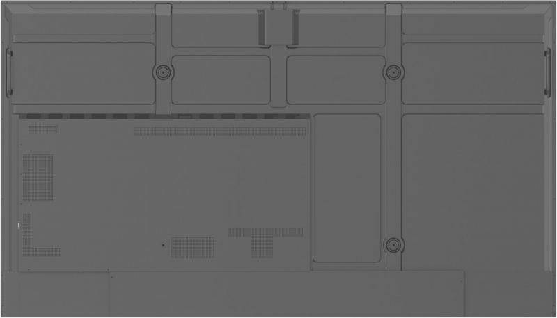 Grau hinterlegte technische Zeichnung der Rückseite eines elektronischen Geräts mit Zugangspaneelen und Schraubenpositionen.