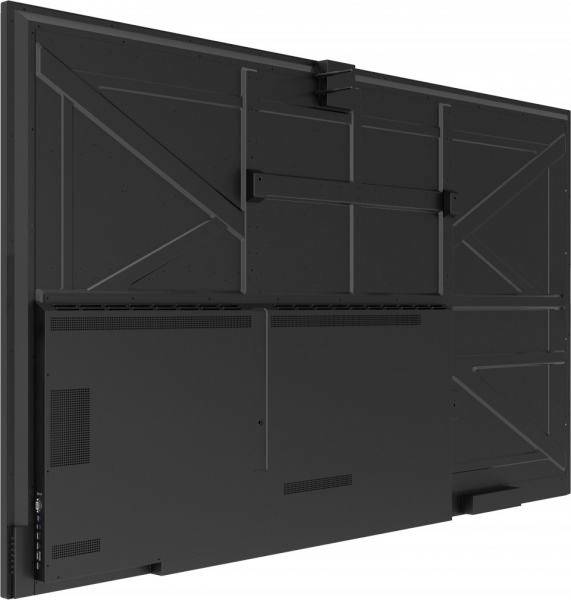Rückseite eines großen, modernen Flachbildfernsehers, zeigt Anschlüsse und Lüftungsschlitze.
