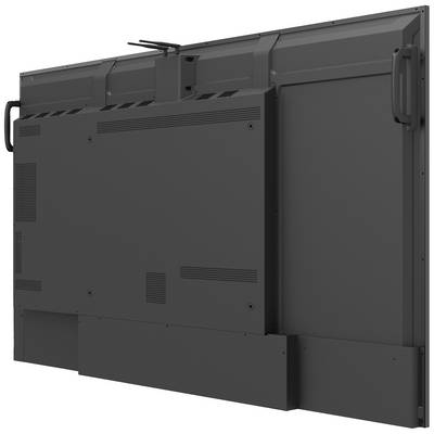 Rückansicht eines schwarzen, rechteckigen elektronischen Geräts mit Lüftungsschlitzen, Handgriffen und montierbarer Halterung.