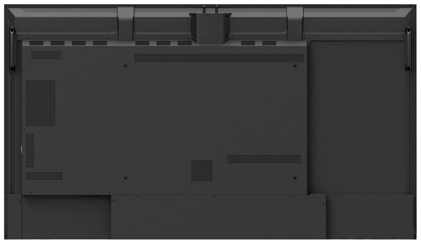 Rückseite eines großformatigen schwarzen Monitors mit mehreren Belüftungsöffnungen und Montagepunkten, geeignet für Wandmontage.