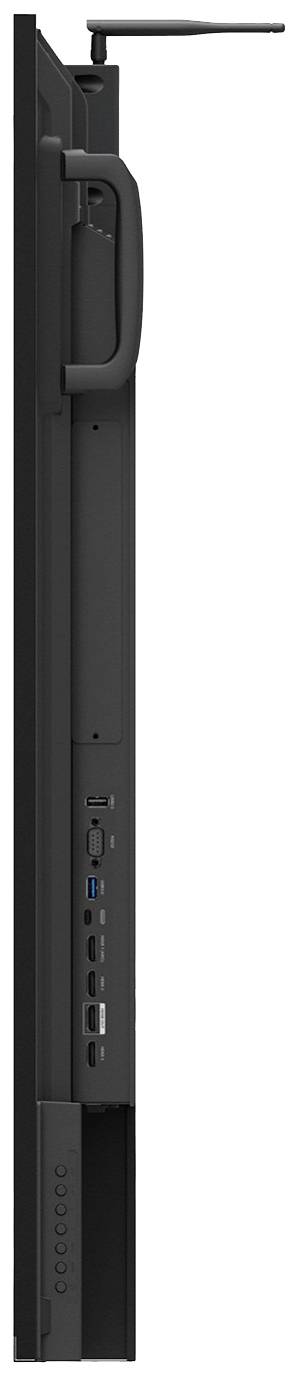 Seitenansicht eines schlanken schwarzen Monitors mit integriertem Griff und mehreren Anschlüssen, darunter USB- und HDMI-Ports.