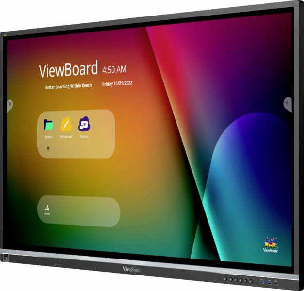 Großer Bildschirm zeigt eine bunte Benutzeroberfläche mit Apps wie Dateiverwaltung und Bildschirmfreigabe. Text 'ViewBoard' sichtbar.