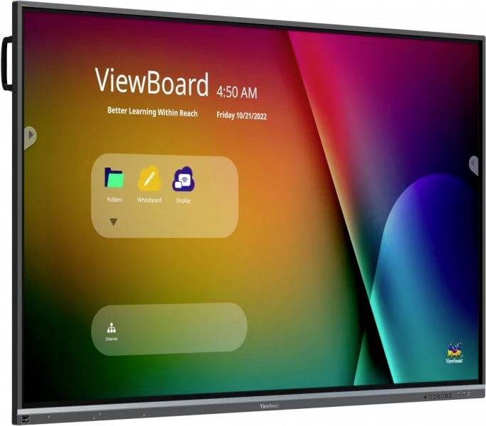 Digitales Display mit der Aufschrift 'ViewBoard', Uhrzeit 4:50 AM, Datum 'Friday 10/21/2022', und Symbolen für Ordner, Whiteboard und Anzeige.
