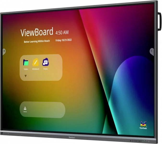 Ein interaktives Display namens 'ViewBoard' zeigt auf einem Bildschirm ein Menü mit Ordnern, Whiteboard und einem Bildschirmsymbol.