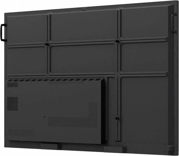 Rückseite eines großen schwarzen elektronischen Displays mit Griffen an den Seiten und einem rechteckigen Kasten unten.