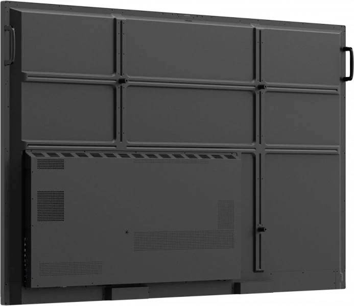 Rückansicht eines großen, rechteckigen Bildschirms mit mehreren Lüftungsschlitzen und Griffen auf beiden Seiten, ohne sichtbare Marken.