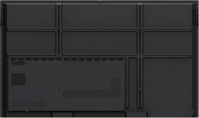 Rückansicht eines schwarzen Flachbildfernsehers mit mehreren Lüftungsschlitzen. Keine sichtbaren Marken oder Logos.