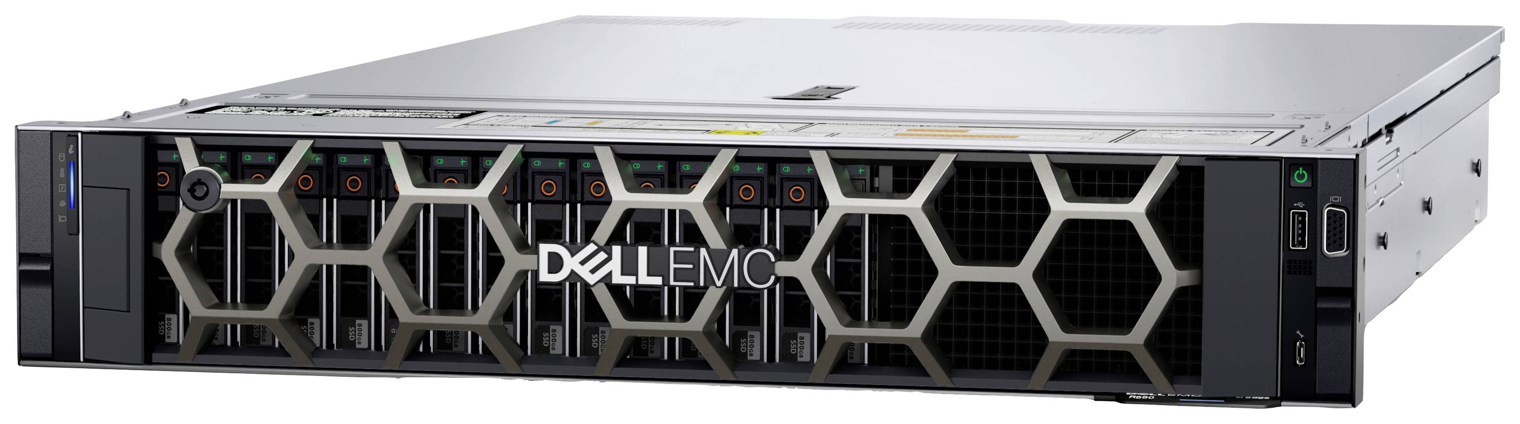 Ein Server von Dell EMC mit mehreren Festplattenschächten und einem markanten Frontgitter, geeignet für Unternehmensnetzwerklösungen.