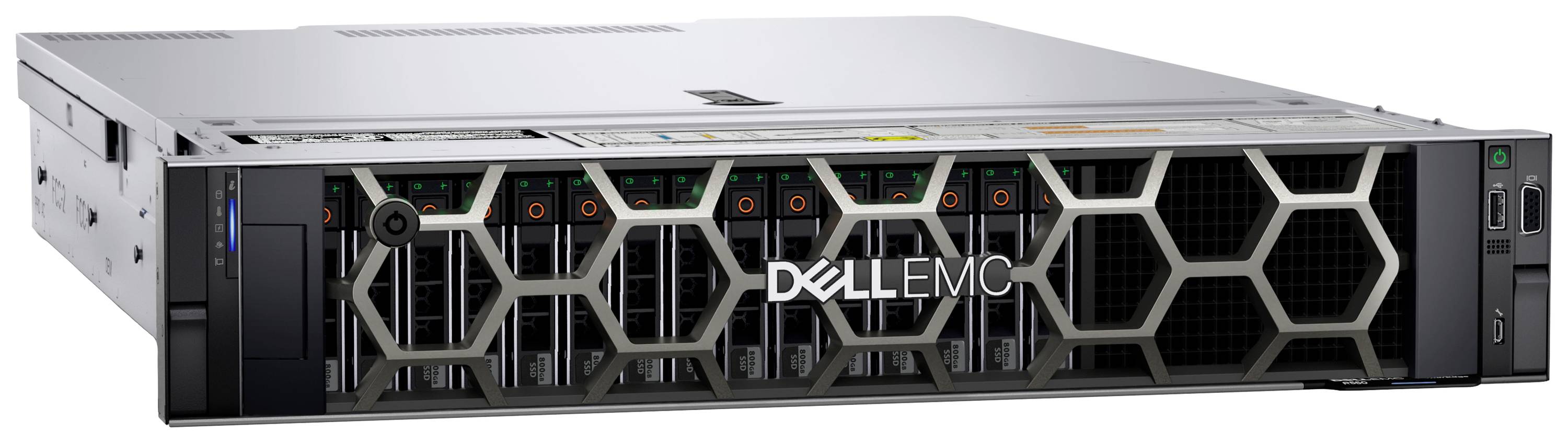 Ein Dell EMC Server mit einem Rack-Design. LED-Anzeigen und Verbindungsschnittstellen sind auf der Vorderseite sichtbar.