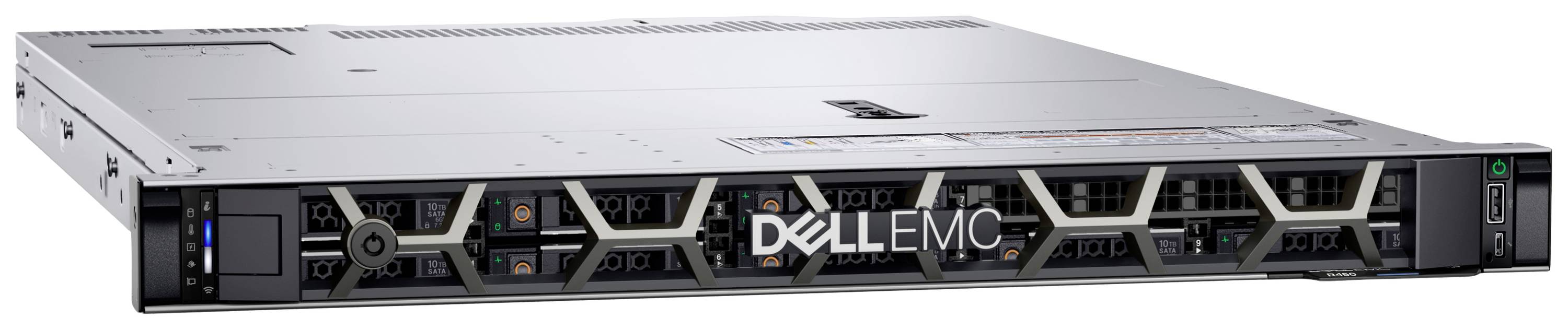 Ein flacher Dell EMC Server mit mehreren Lüftungsschlitzen und dem Dell EMC Logo auf der Vorderseite.