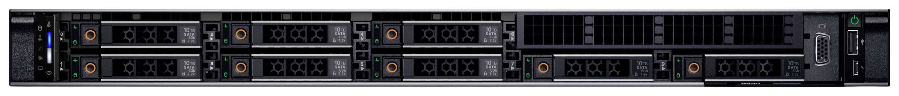 Server-Frontansicht mit mehreren Festplatteneinschüben und Lüftungsgittern in schwarzem Gehäuse, geeignet für IT-Infrastruktur.