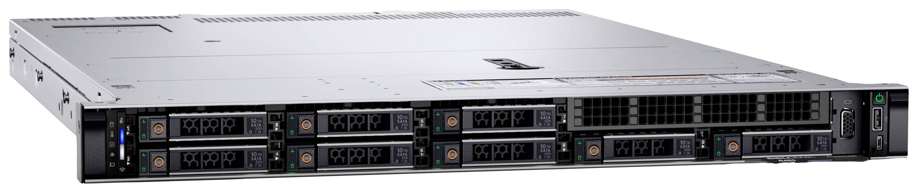 Ein Server mit einer flachen Bauweise und mehreren Laufwerkschächten an der Vorderseite. Geeignet für den Einsatz in Rechenzentren.