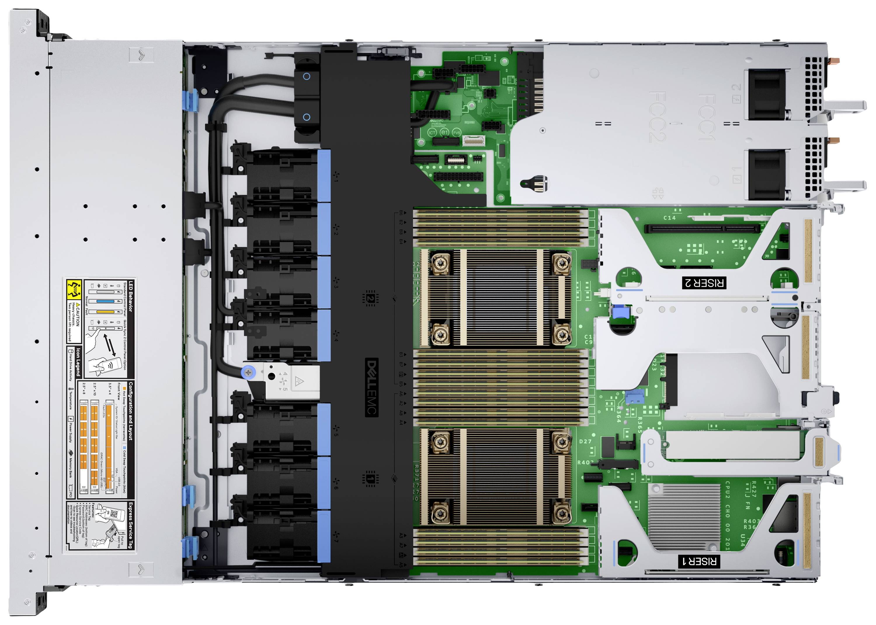 Ein geöffneter Server mit mehreren Prozessoren und Kühlrippen, umgeben von grünen Leiterplatten, zeigt die innenliegende Hardwarestruktur.