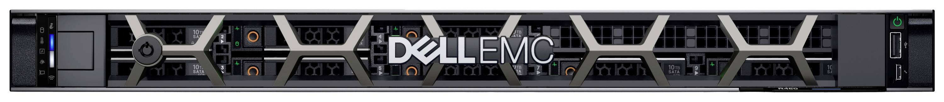 Dell-Serverfrontansicht mit Markenzeichen und Belüftungsöffnungen.