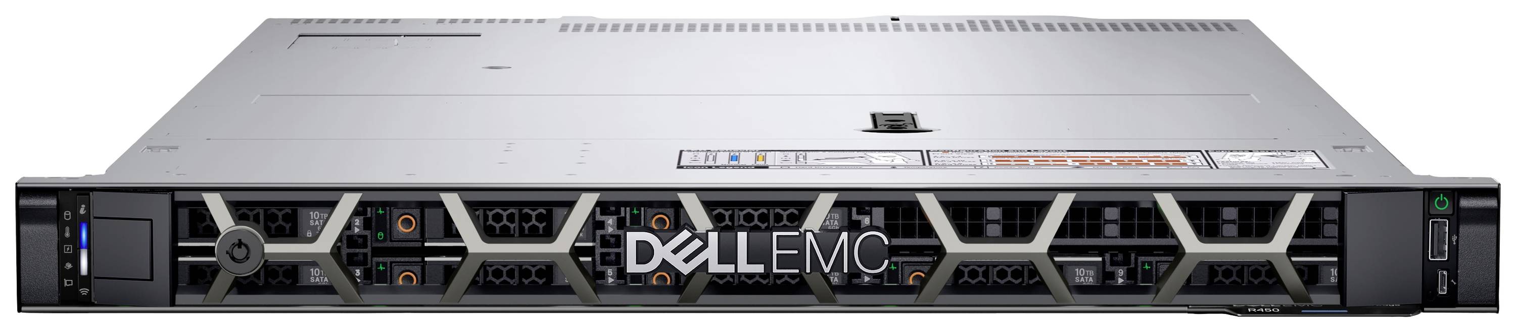 Ein Server der Marke Dell EMC in einem Rack-Gehäuse, frontal aufgenommen. Sichtbar sind Lüftungsgitter und Markenlogo.