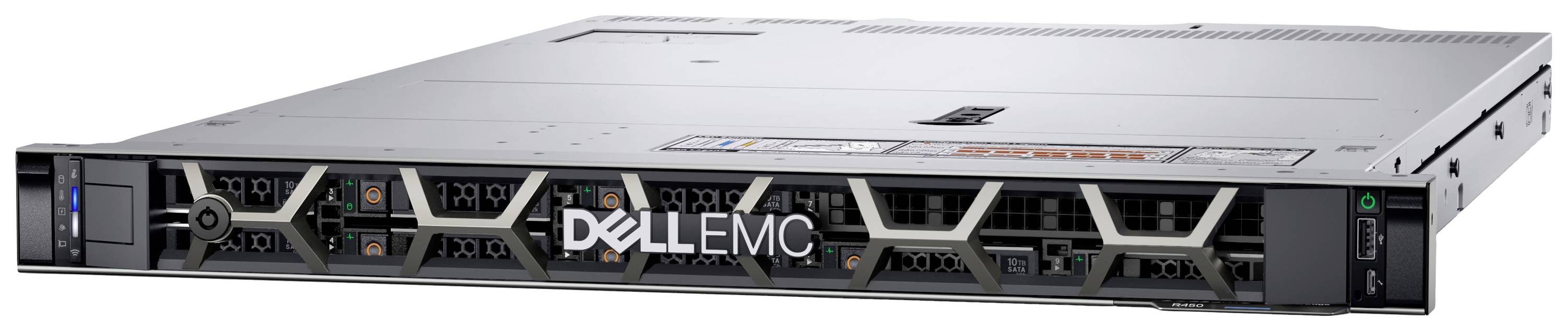 Dell EMC Server-Rackeinheit in schräger Ansicht, zeigt Vorderseite mit Lüftungsschlitzen, Markenlogo und Anschlüssen.