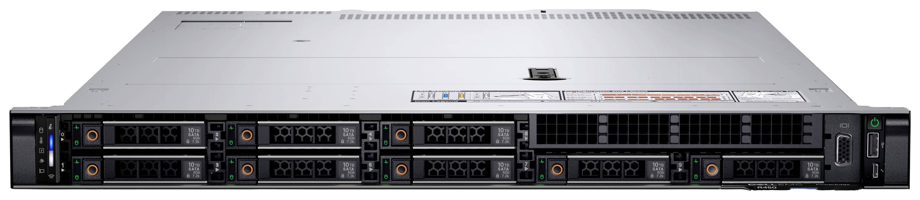 Ein silbernes Server-Rack im Querformat, mit mehreren austauschbaren Festplatteneinschüben und Lüftungsschlitzen an der Vorderseite.