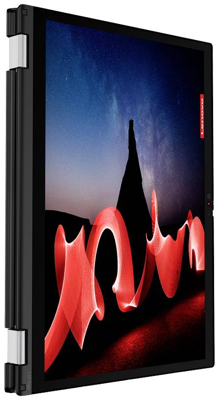 Ein Tablet mit starker Neigung, zeigt am Display eine nächtliche Landschaft mit einem leuchtend roten Lichtmuster im Vordergrund.