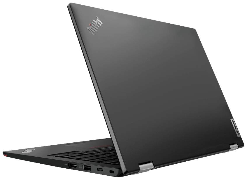 Ein aufgeklappter, schwarzer Laptop mit der Aufschrift 'ThinkPad' auf dem Deckel, leicht von hinten betrachtet.
