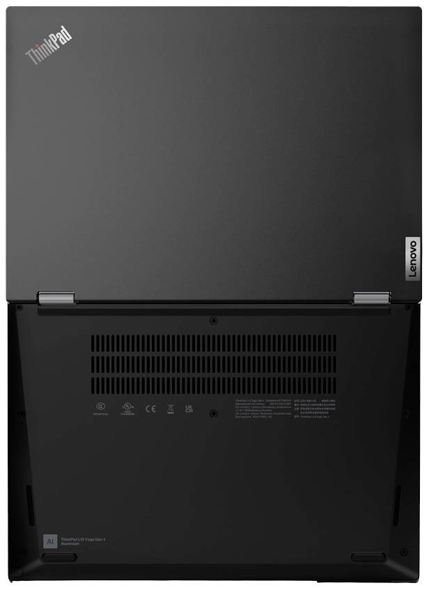 Die Rückseite eines aufgeklappten schwarzen Laptops, auf der Rückseite steht 'ThinkPad' und seitlich ist ein 'Lenovo'-Logo zu sehen.