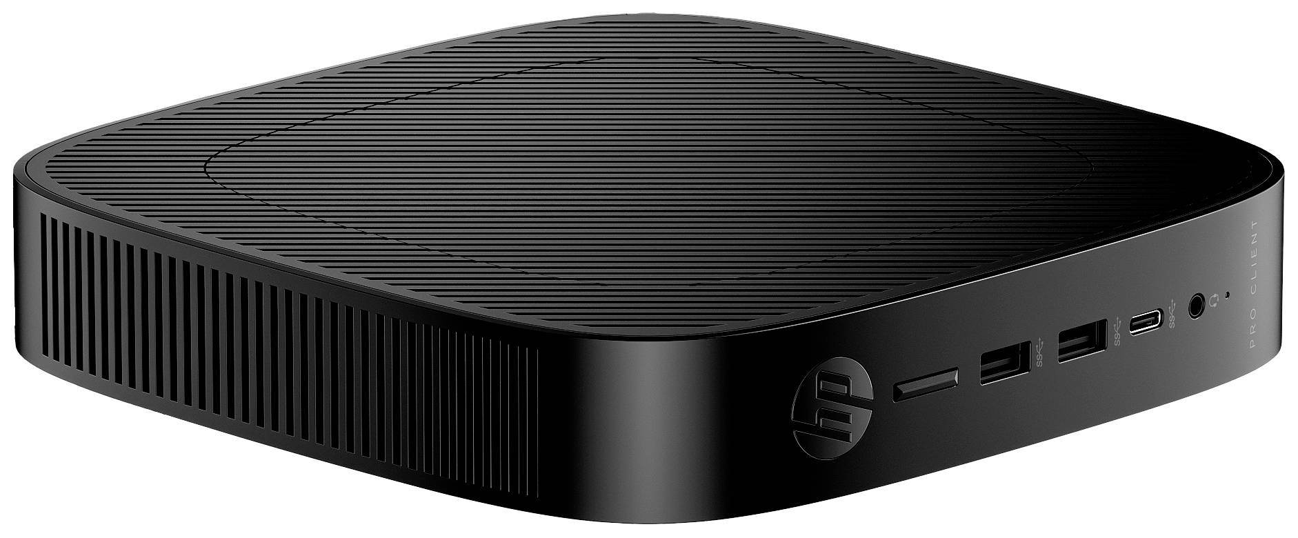Ein schwarzer Mini-PC mit dem HP-Logo, zwei USB-Anschlüssen und einem USB-C-Anschluss auf der Vorderseite, geeignet für kompakte Arbeitsumgebungen.